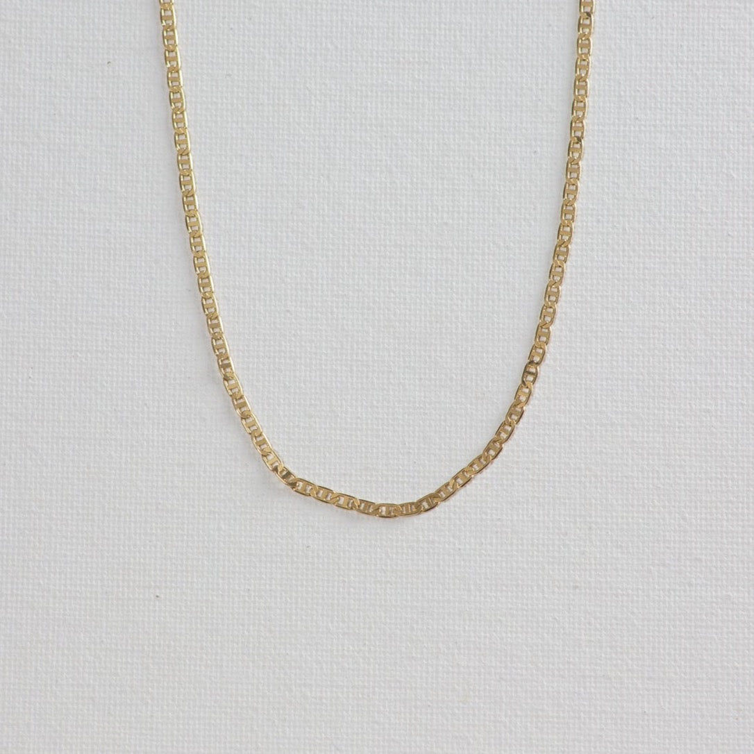 Gold chain necklace on a white background.